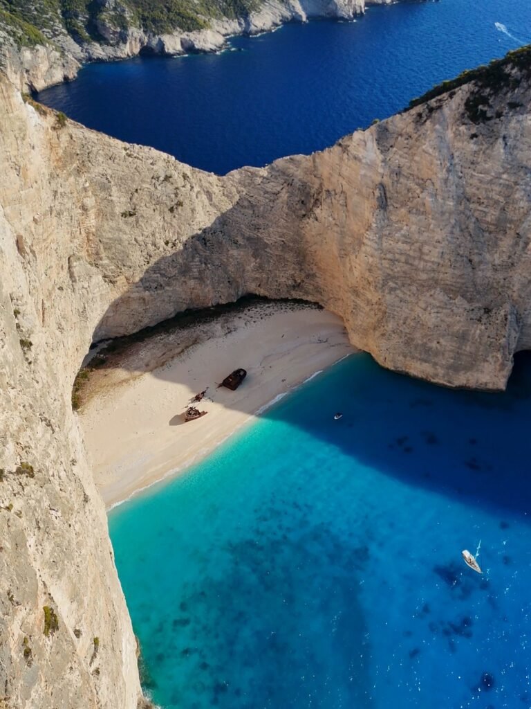 navagio beach shipwreck viewpoint drone