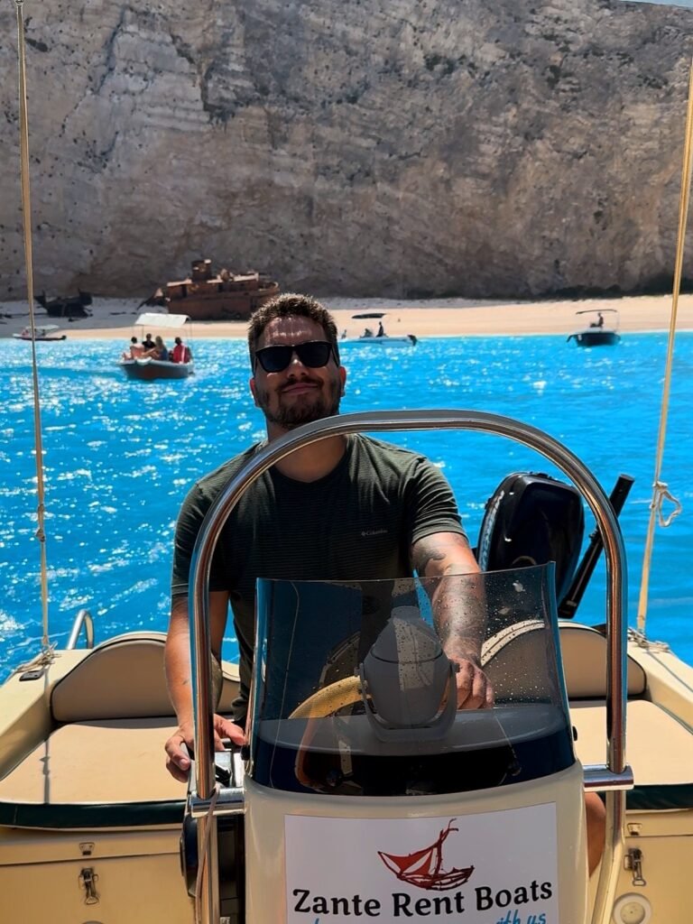 rod boat navagio beach shipwreck zakynthos blue water